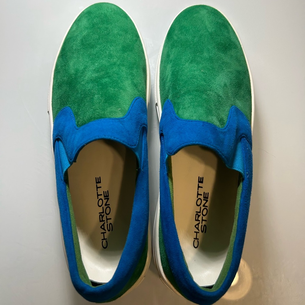 Charlotte Stone Green and Blue Suede Slip-Ons - Picture 2 of 6